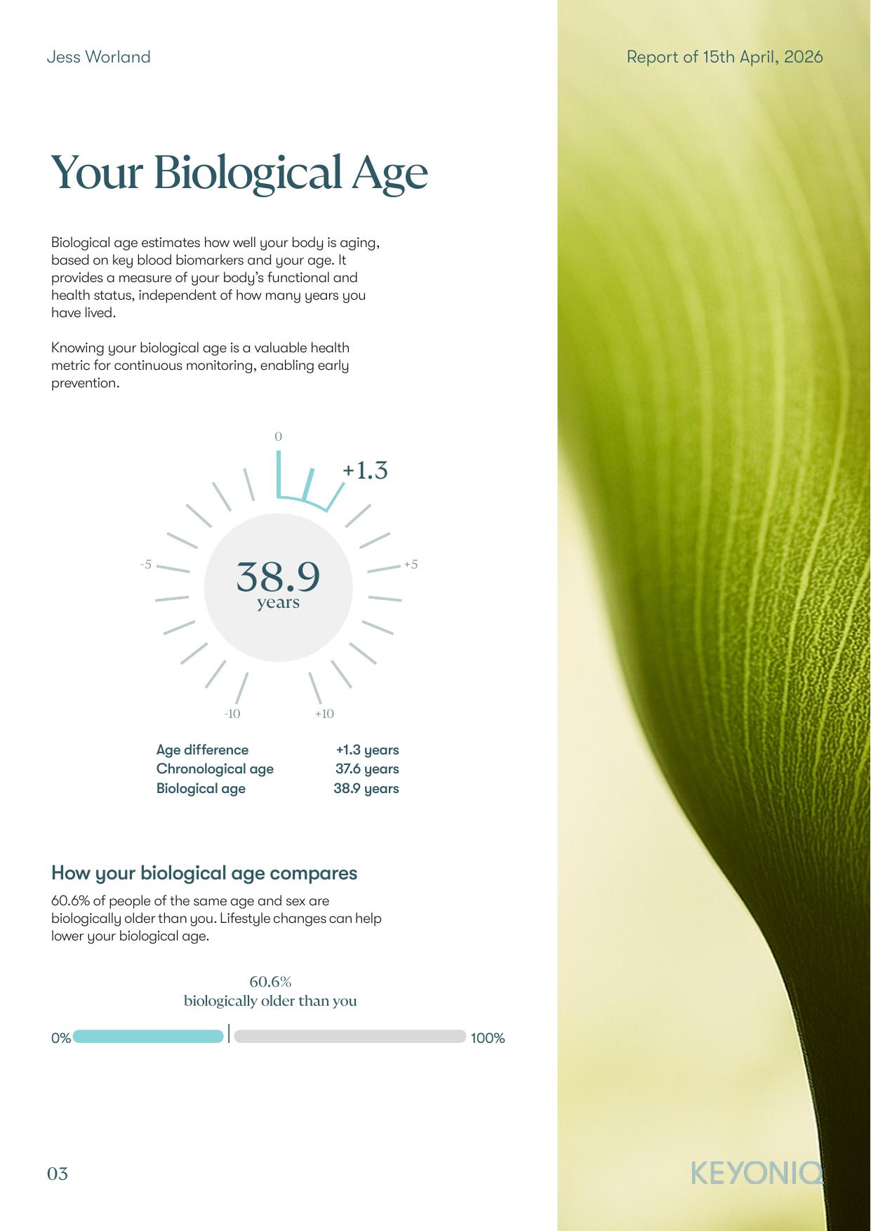 SevenAge laboratory results page — seven biomarkers against sex-adjusted reference ranges